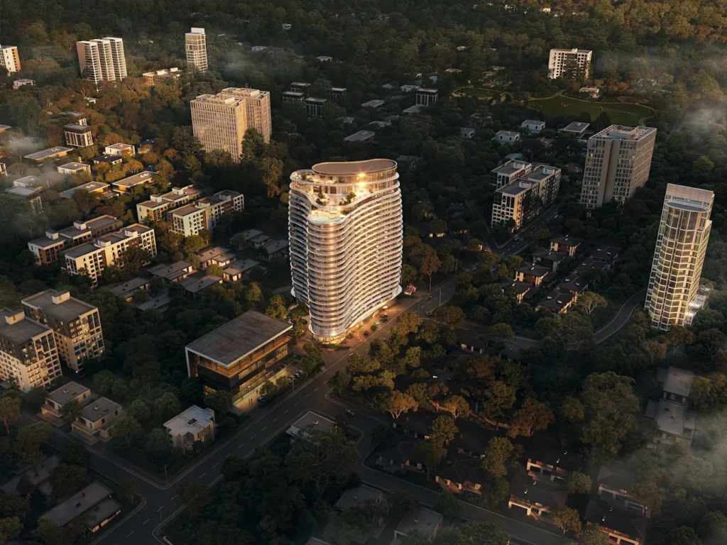 High-angle aerial rendering of Cheval Riverside tower surrounded by Riverside Drive greenery