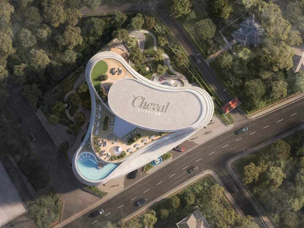 High-angle aerial rendering of Cheval Riverside tower surrounded by Riverside Drive greener