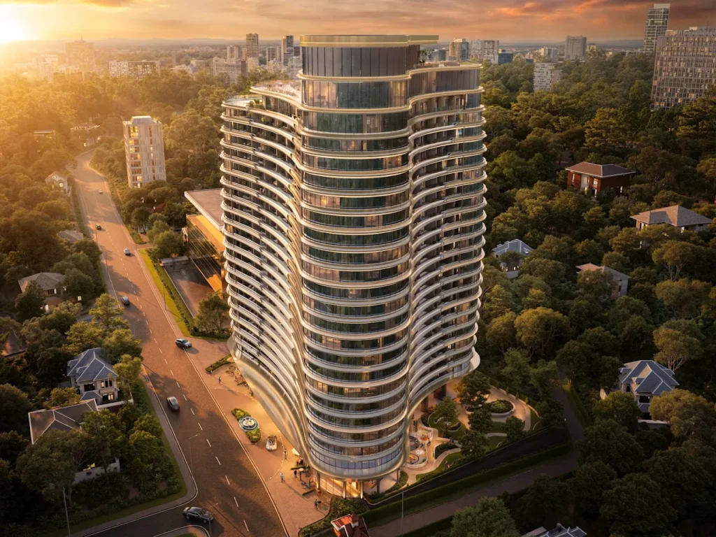 3D architectural exterior rendering of Cheval Riverside 20-storey luxury tower along Riverside Drive at sunset