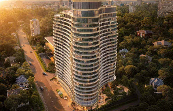 3D architectural exterior rendering of Cheval Riverside 20-storey luxury tower along Riverside Drive at sunset