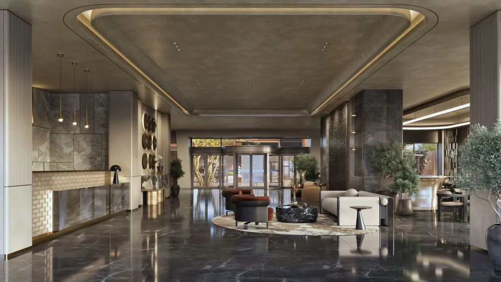 Hotel-grade arrival lobby and concierge desk interior at Diplomat Residencies Westlands