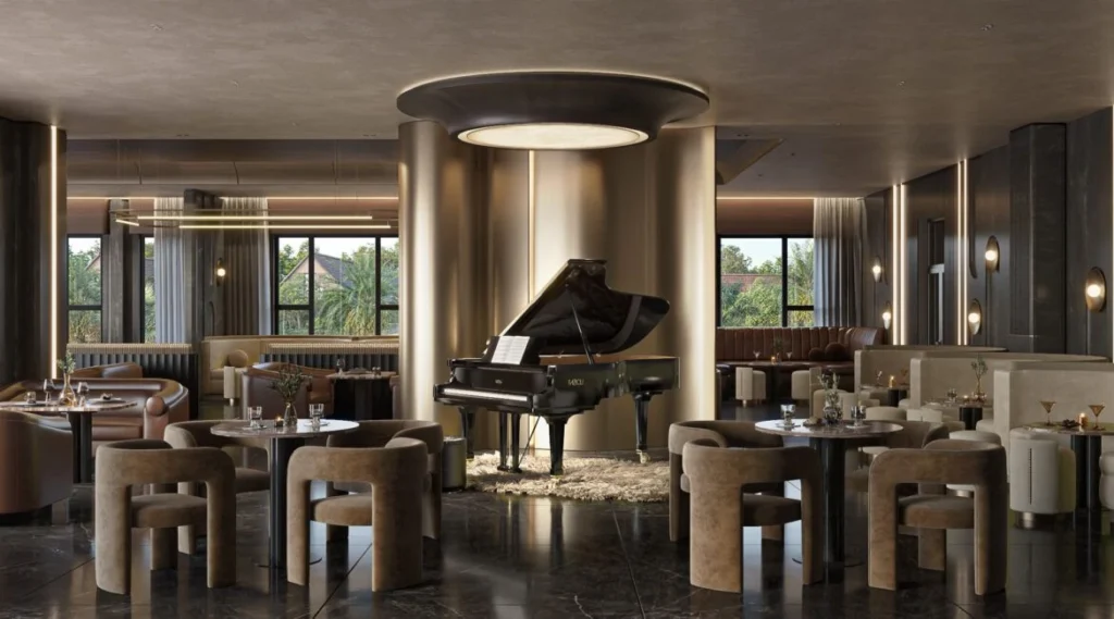 Luxury resident restaurant and lounge interior with grand piano at Diplomat Residencies Westlands