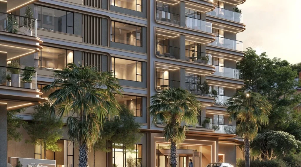 Street-level facade view and illuminated drop-off entrance at Diplomat Residencies Westlands
