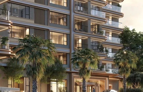 Street-level facade view and illuminated drop-off entrance at Diplomat Residencies Westlands