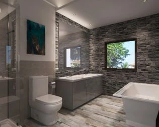"Modern bathroom with grey stone feature wall and double basin vanity at Gitanga Duplexes Lavington