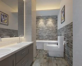 Master bathroom with stone accent wall, double vanity, and soaking tub at Gitanga Duplexes Lavington