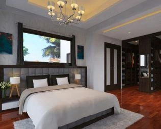 Ensuite bedroom with tray ceiling light fixture and wide windows at Gitanga Duplexes Lavington