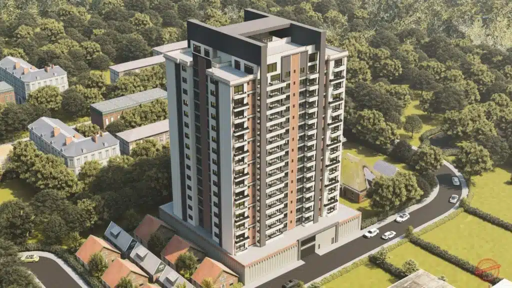 3D exterior rendering of Hookwood Residency high-rise apartment building off Mvuli Road in Westlands Nairobi