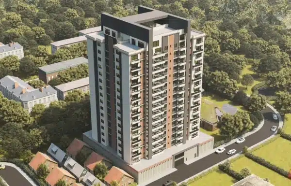 3D exterior rendering of Hookwood Residency high-rise apartment building off Mvuli Road in Westlands Nairobi