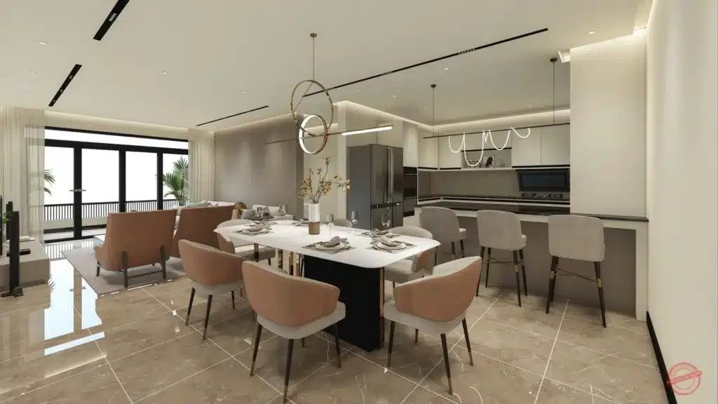 Modern dining table set and open kitchen breakfast bar layout at Hookwood Residency Westlands