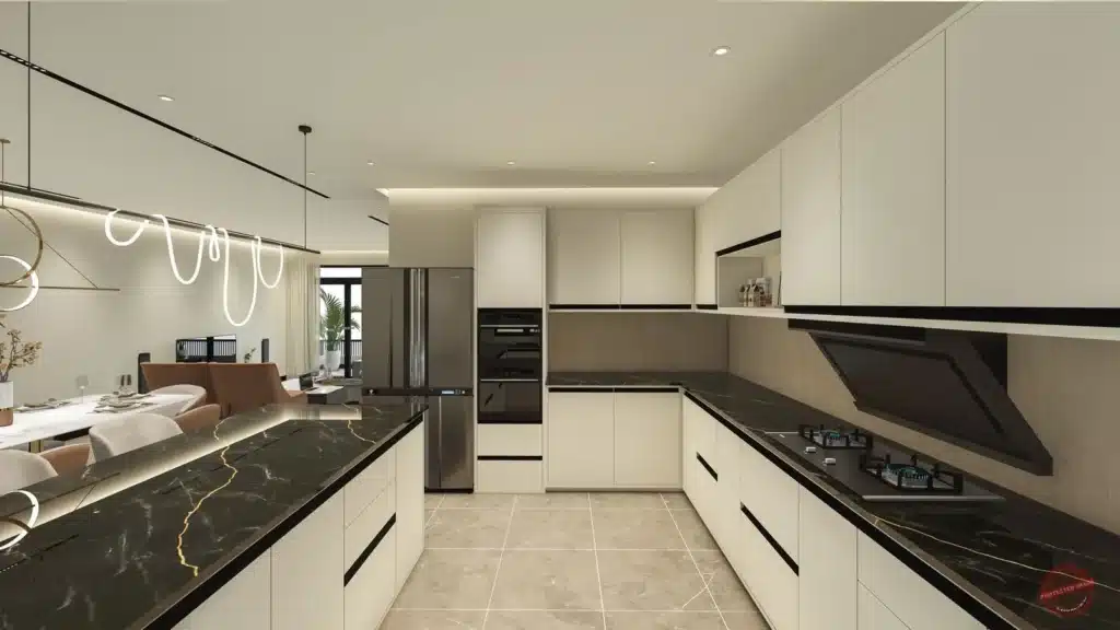 Fitted open kitchen with linear pendant light fixture and bar stools at Hookwood Residency Westlands