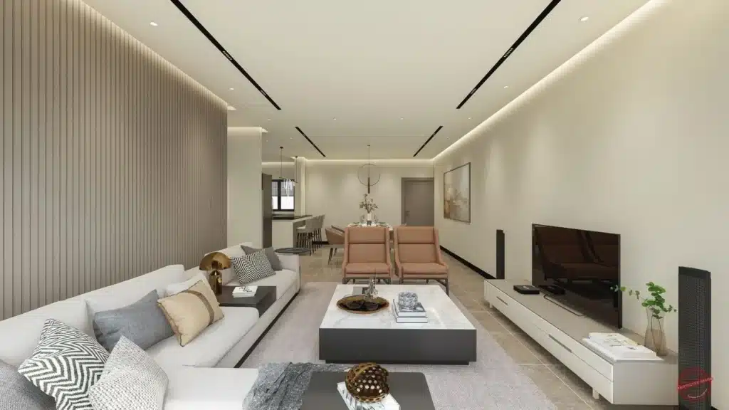Open plan living room with fluted wall panel and marble coffee table at Hookwood Residency Westlands