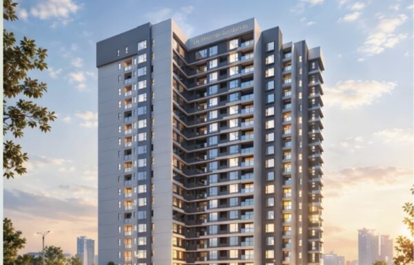 Architectural exterior render of the high-rise residential apartment tower surrounded by green lawns at Ivy Riverside Residency in Riverside, Nairobi.
