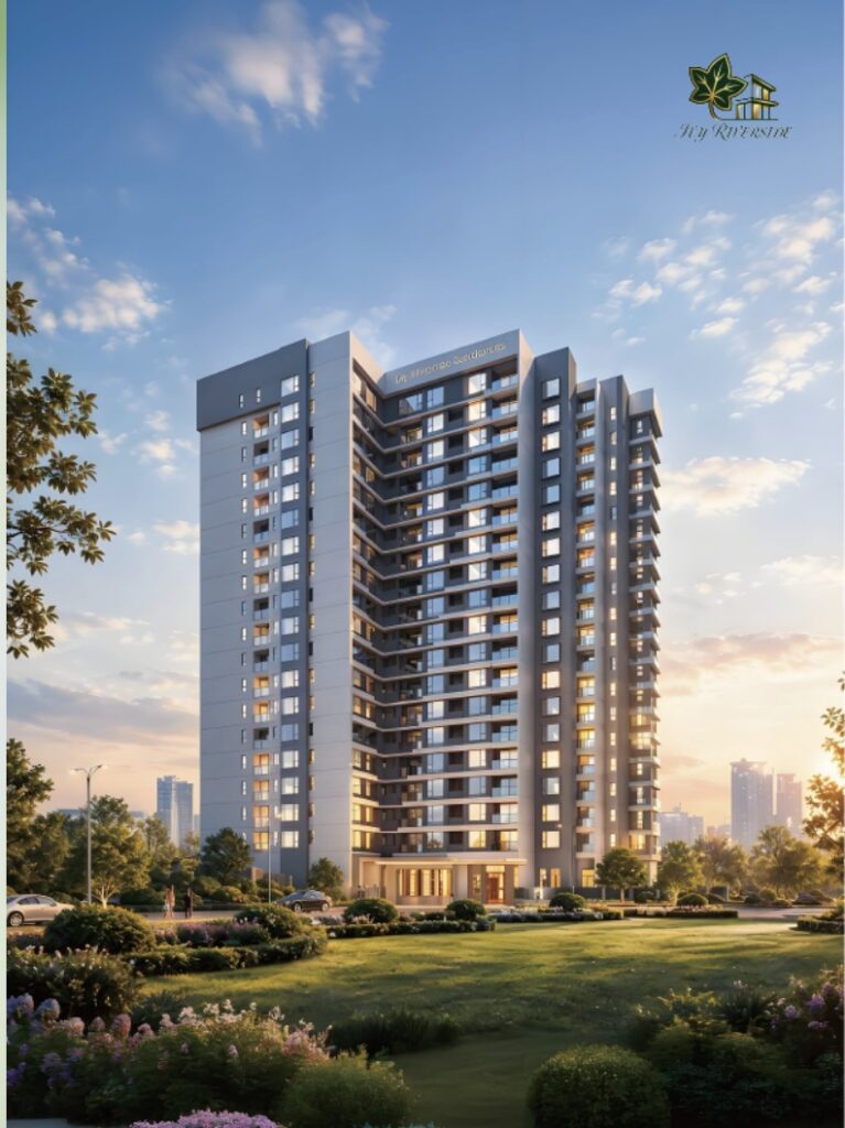 Architectural exterior render of the high-rise residential apartment tower surrounded by green lawns at Ivy Riverside Residency in Riverside, Nairobi.
