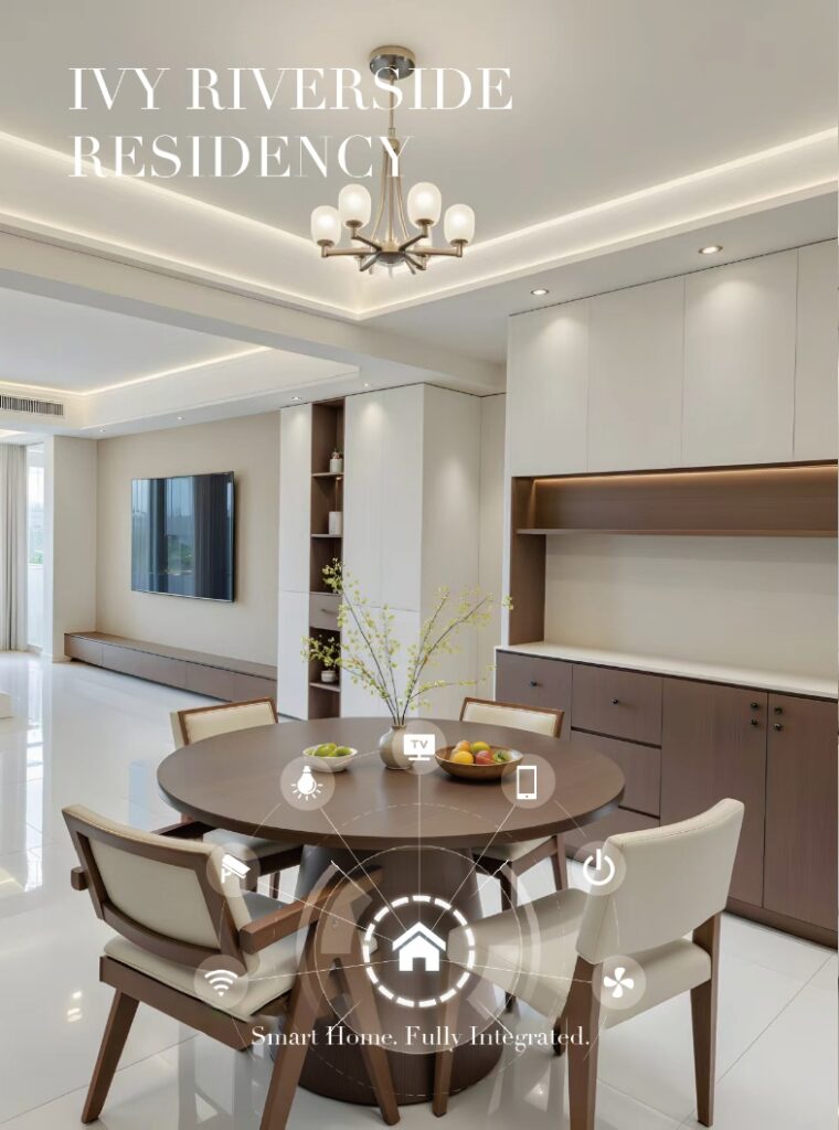 Open-plan dining space with a round wooden dining table, contemporary chandelier, and custom sideboards at Ivy Riverside Residency in Riverside, Nairobi.