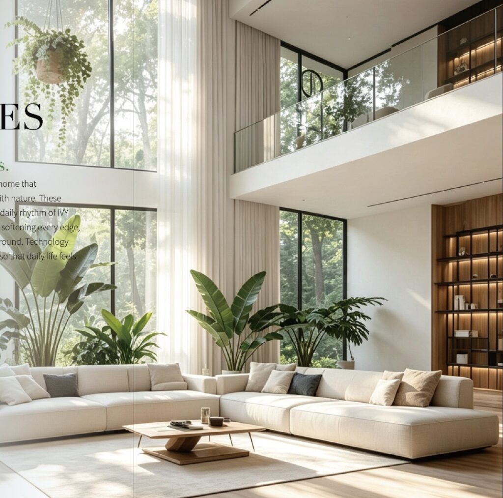 Double-height luxury living room with floor-to-ceiling windows, L-shaped sectional sofa, glass mezzanine railing, and garden views at Ivy Riverside Residency in Riverside, Nairobi.