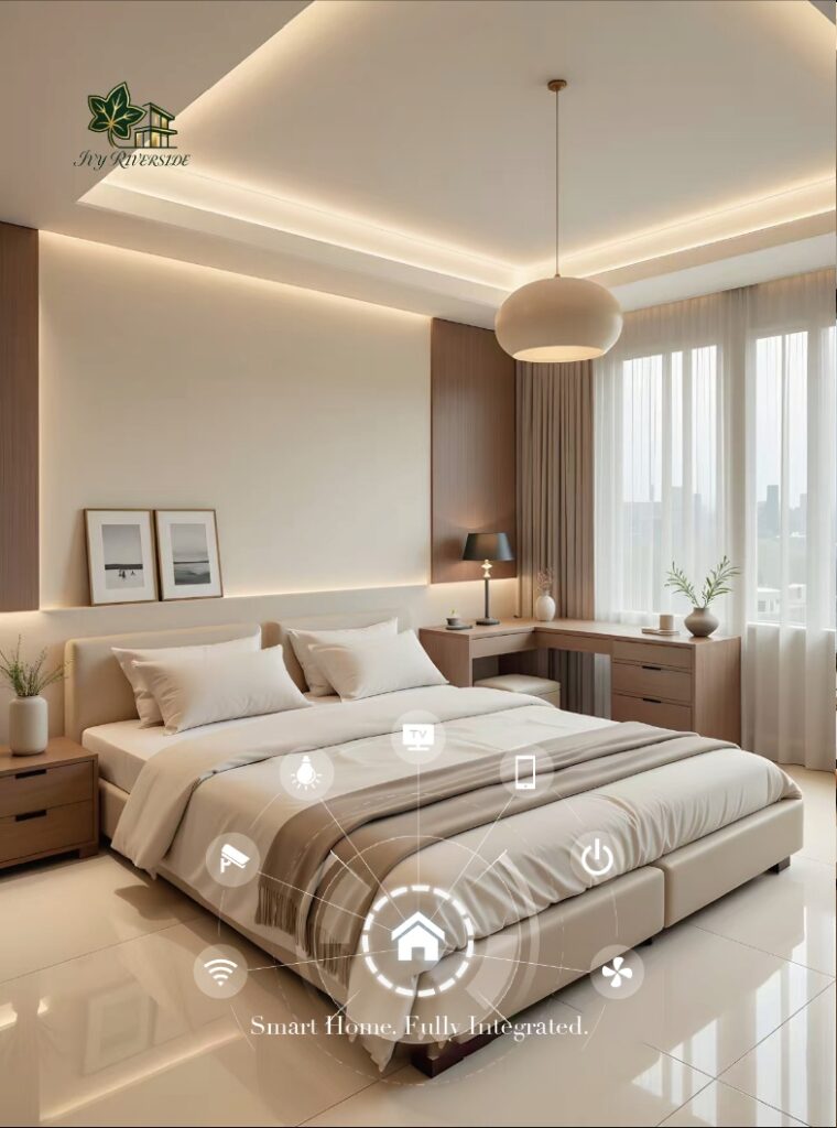 Modern master bedroom with soft ambient backlighting, study vanity desk, and modern globe pendant light at Ivy Riverside Residency in Riverside, Nairobi.