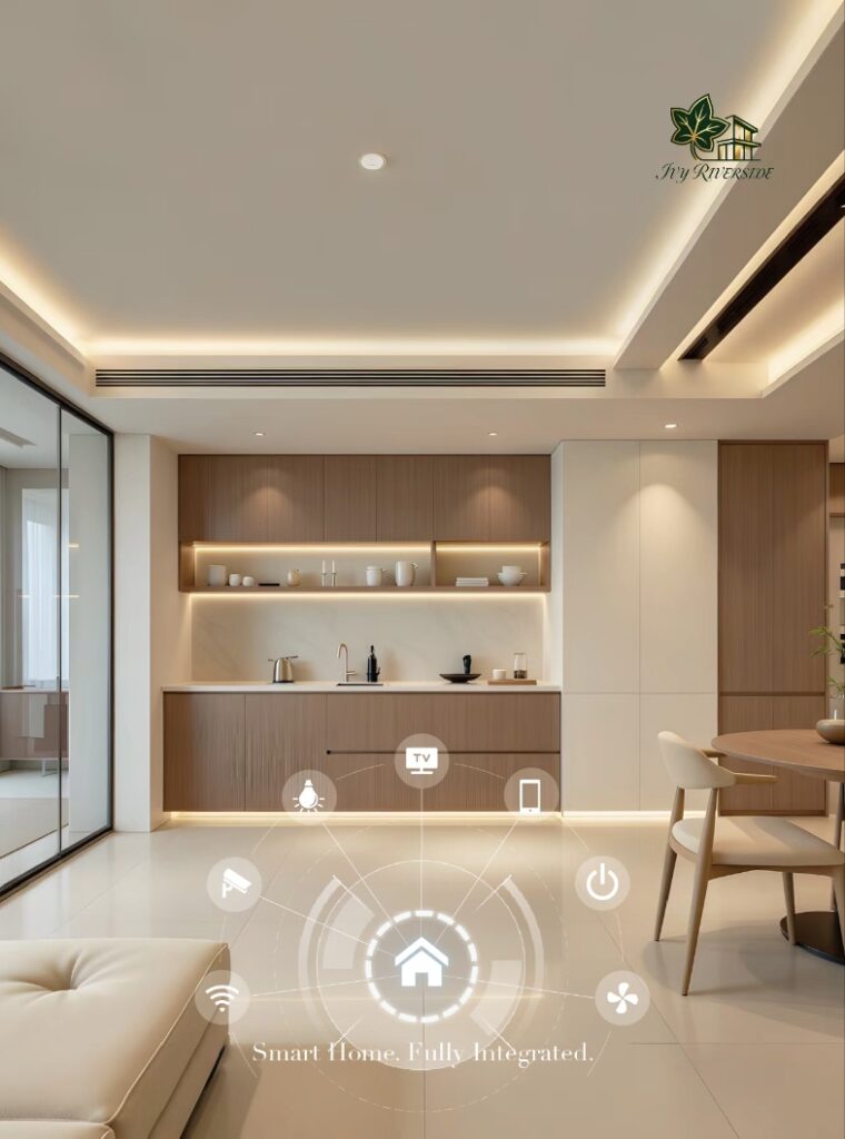 Modern smart home fitted kitchen featuring warm wood cabinetry, quartz counter tops, and ambient cove LED lighting at Ivy Riverside Residency in Riverside, Nairobi.