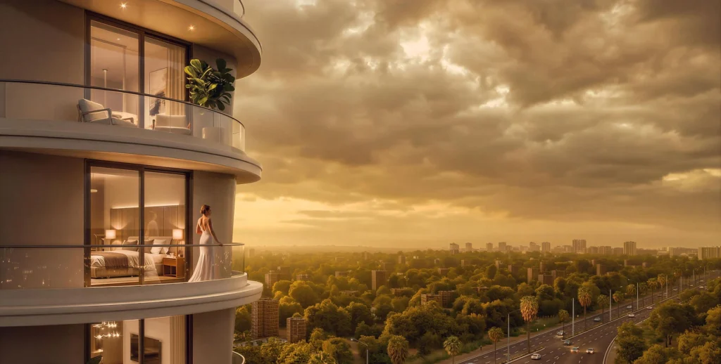 Curved glass balcony view at sunset overlooking Karura Forest at Lumen by Wafi Parklands