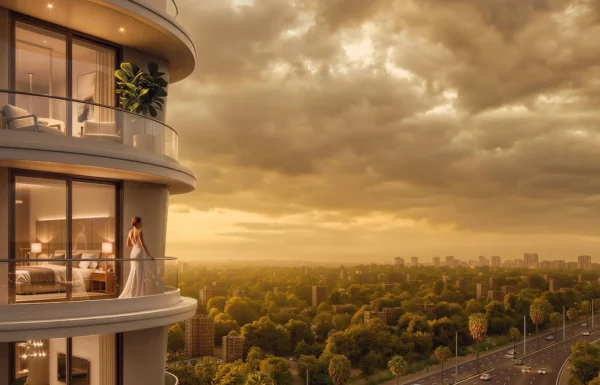 Curved glass balcony view at sunset overlooking Karura Forest at Lumen by Wafi Parklands