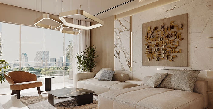 Luxury living room interior with travertine stone wall accent and large sectional sofa at Lumen by Wafi Parklands