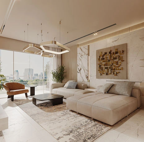 Modern living room lounge with wall art, pendant lighting, and floor-to-ceiling windows at Lumen by Wafi Parklands