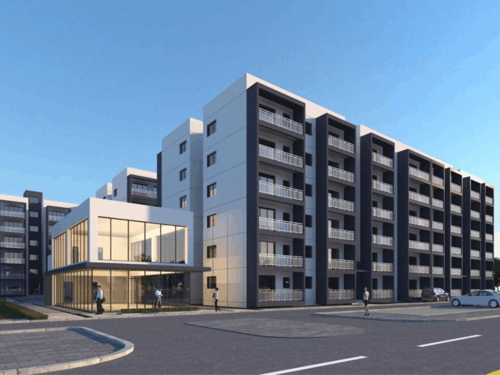 Architectural exterior rendering of New Rise Gardens residential apartment building complex in Syokimau, behind Gateway Mall, Nairobi.