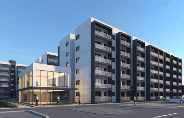 Architectural exterior rendering of New Rise Gardens residential apartment building complex in Syokimau, behind Gateway Mall, Nairobi.
