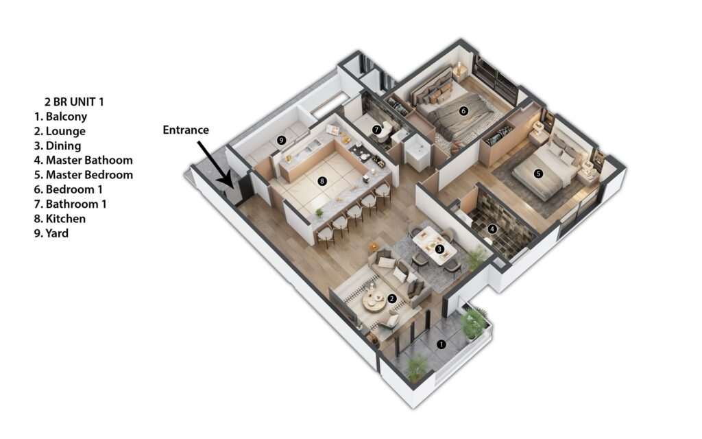 3D floor plan layout of Type A 2 bedroom apartment at Rosemont Residence Kilimani