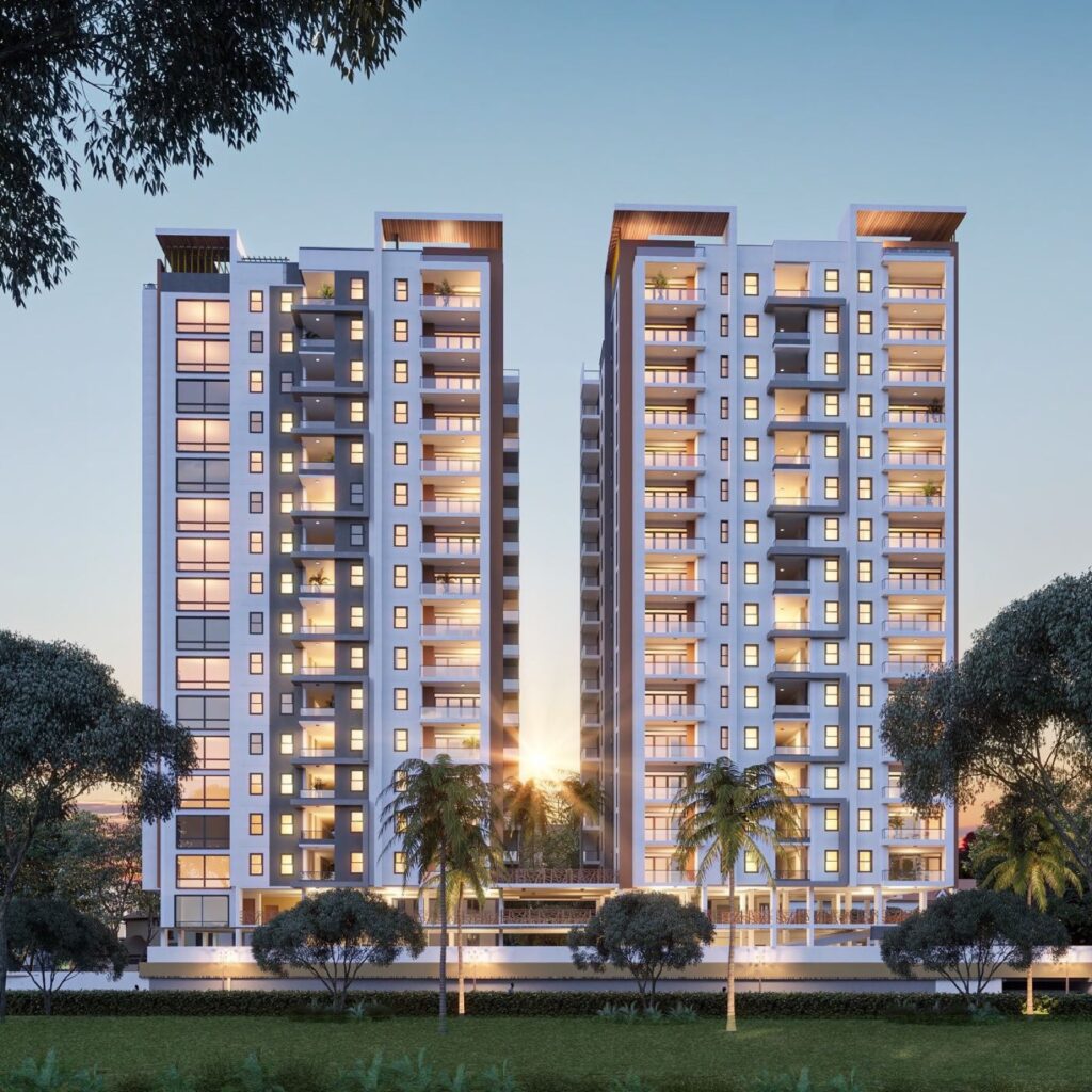 Exterior architectural rendering of Rosemont Residence 18-story twin towers on Rose Avenue in Kilimani Nairobi