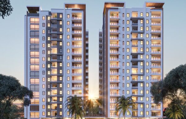 Exterior architectural rendering of Rosemont Residence 18-story twin towers on Rose Avenue in Kilimani Nairobi