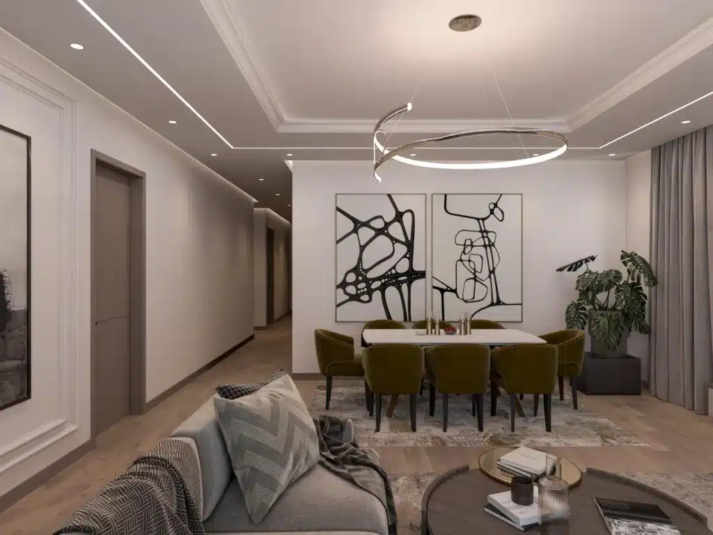 Modern dining table set with chandelier lighting and feature wall art at Rosemont Residence Kilimani