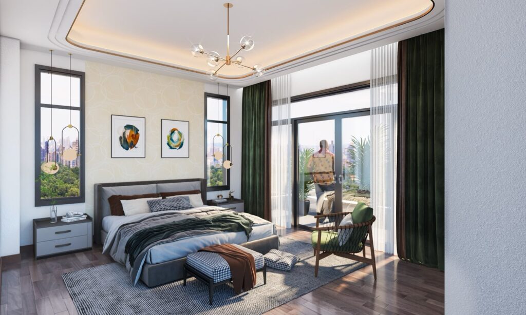 Luxury master bedroom with balcony access and green velvet drapery at Rosemont Residence Kilimani