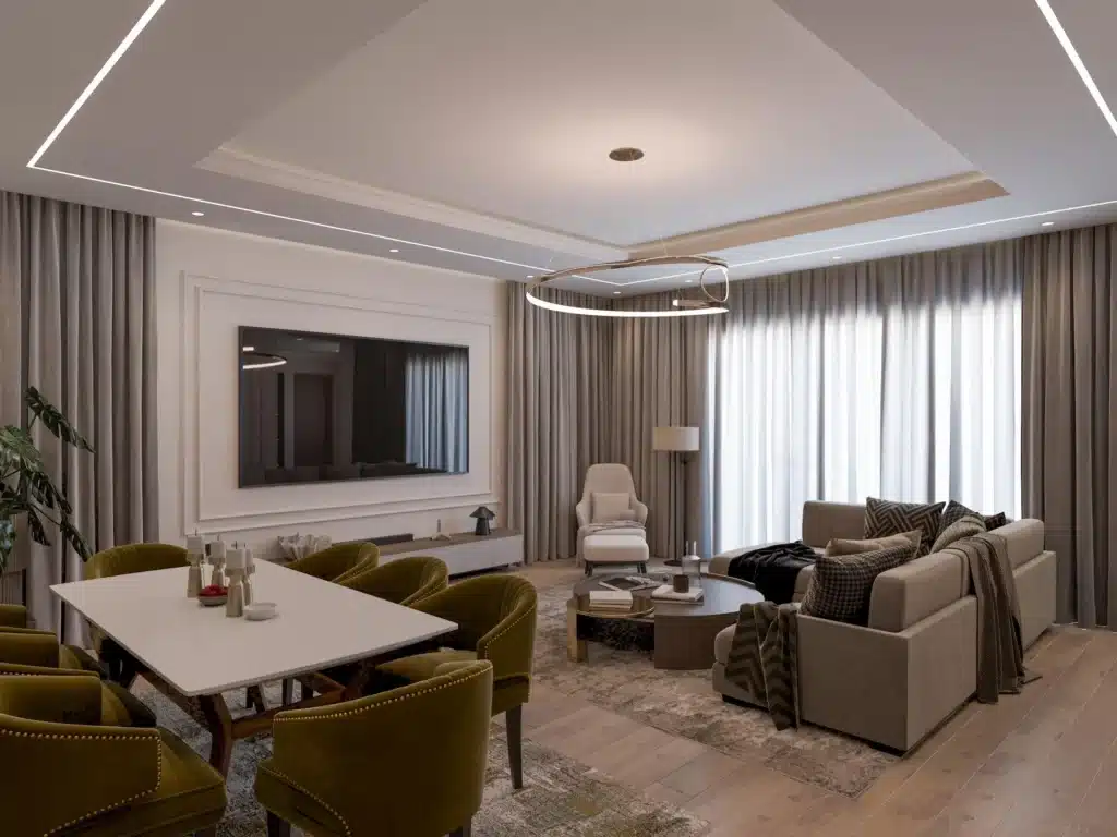 Open plan living room with wall-mounted TV panel and coffered ceiling lighting at Rosemont Residence Kilimani