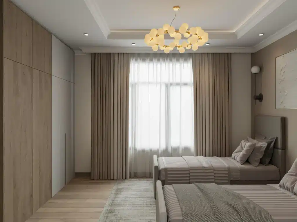 Second bedroom setup with twin beds, wooden fitted wardrobes, and pendant lighting at Rosemont Residence Kilimani