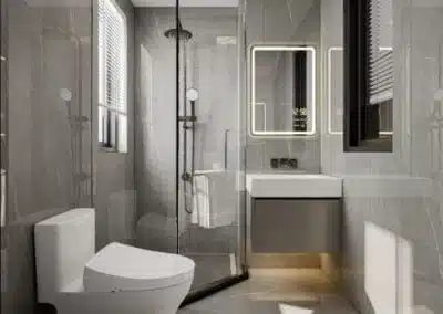 Modern bathroom with illuminated mirror vanity and walk-in glass shower at Ten50 Residences Kilimani