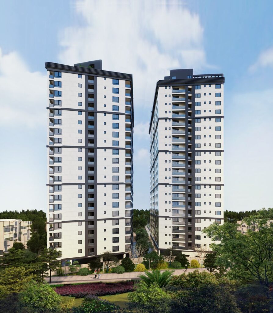 Exterior rendering of Ten50 Residences twin apartment towers in Kilimani Nairobi near Yaya Centre