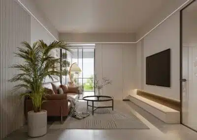 Compact 1 bedroom apartment sitting lounge with wall-mounted TV panel at Ten50 Residences Kilimani