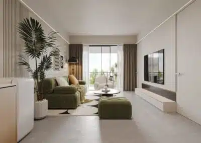 Modern open plan living room with green sofa and balcony view at Ten50 Residences Kilimani