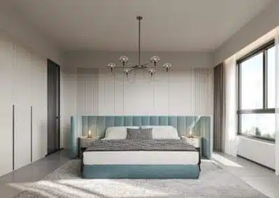 Master bedroom with wide padded headboard and modern chandelier lighting at Ten50 Residences Kilimani