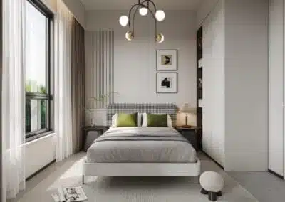 Second bedroom with built-in fitted wardrobes and pendant lights at Ten50 Residences Kilimani
